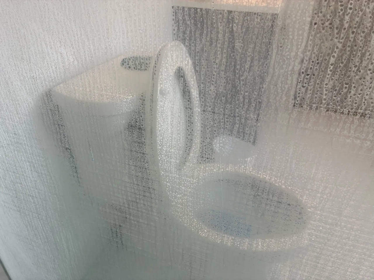 Bathroom fixtures viewed through patterned shower glass